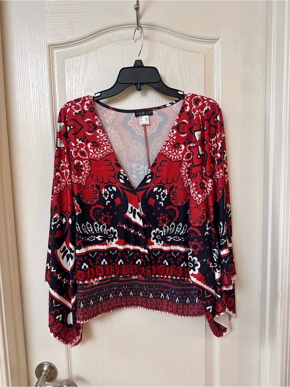 VENUS Red, Navy & White Printed V-Neck Blouse
